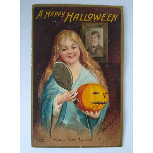 Halloween Postcard Lady JOL Hand Mirror Ellen Clapsaddle 1910 Somerville NJ - Picture 1 of 4